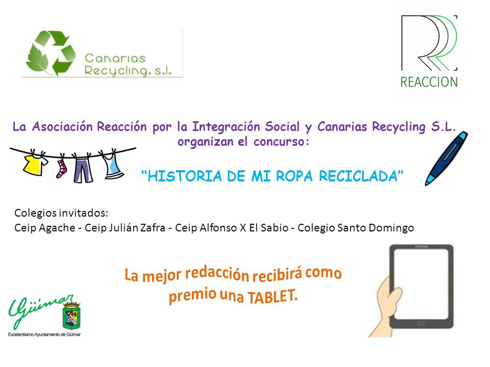 Más de 300 alumnos de Güímar participarán del  1º Concurso de redacción «Historia de mi ropa reciclada » organizado por Canarias Recycling S.L. y la Asociación Reacción para la Integración Social.